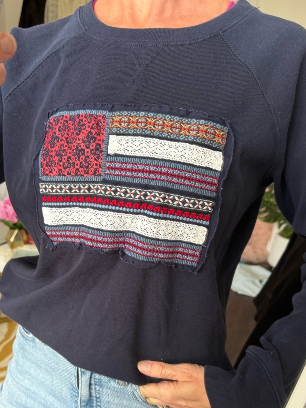 Patriotic Flag Sweatshirt M Patchwork Americana Cottagecore Grannycore Summer